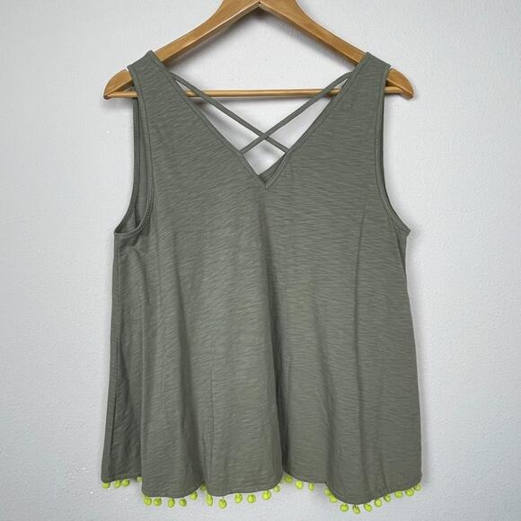 Lisa Todd Sleeveless Top Sz S Green Crisscross Pompom Trim Cotton‎ Boho Festival - Picture 2 of 5